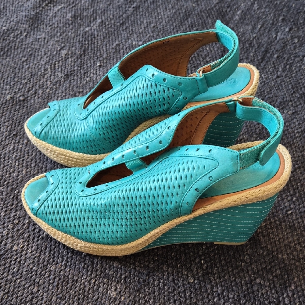 Blue Perforated Wedge Slingback Shoes
